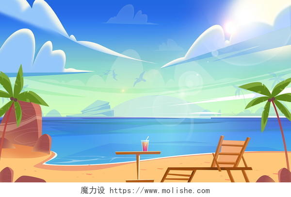 大气扁平海滩蓝天夏天白云晴朗温暖天空插画